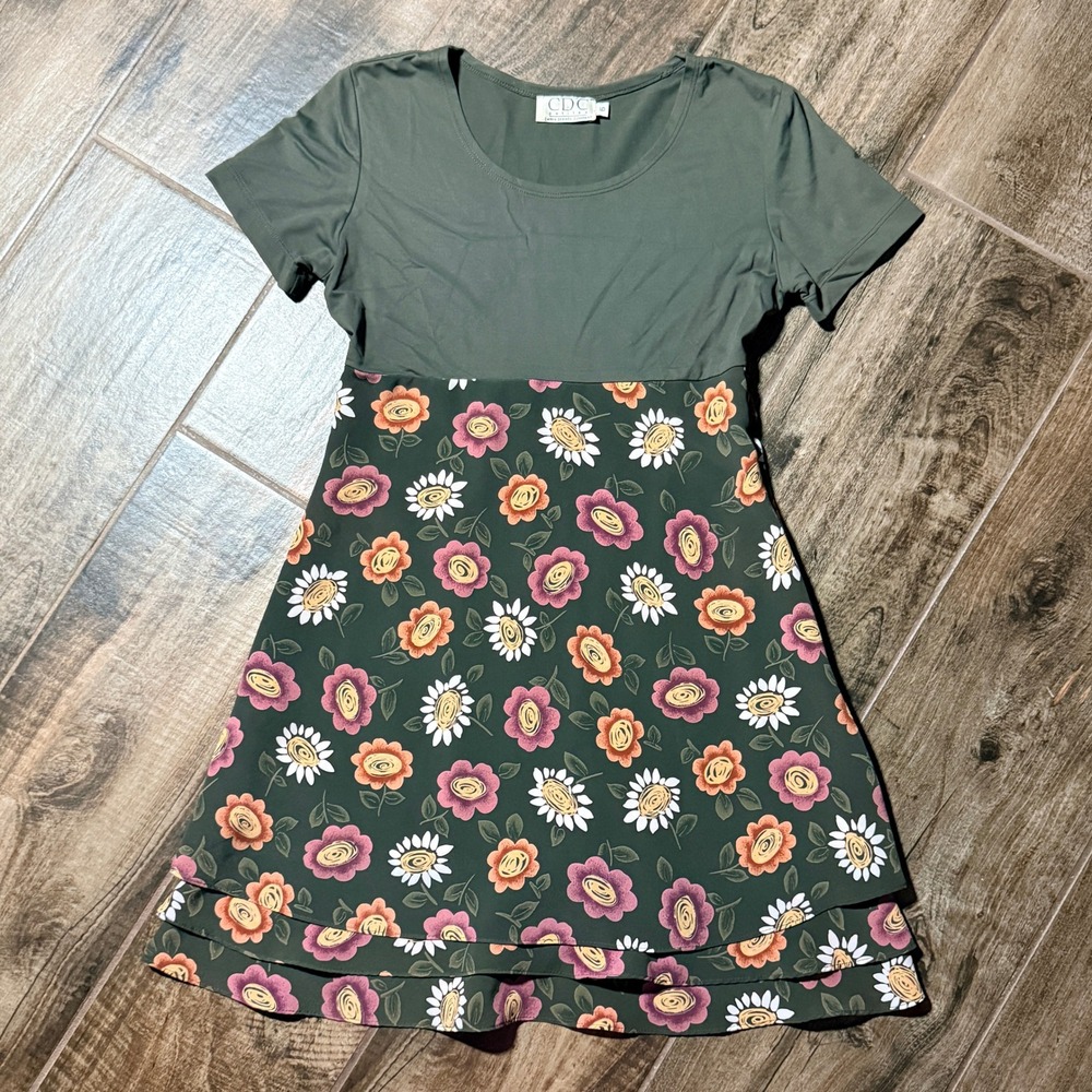 CDC Petites Vintage Women's Floral Tiered Fit & Flare Mini Dress , Olive Green,6